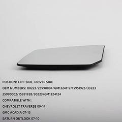 Driver Left Side Mirror Replacement with Plastic Backing Plate Heated Glass Compatible With GMC Acadia Chevy Traverse Saturn Outlook Replaces 15951926 33223 GM1324119