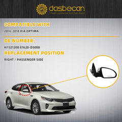 Passenger Side Mirror Compatible With 2016 2017 2018 Kia Optima Right Door Mirror With Turn Signal Light Manual Folding Power Glass White Pearl Replaces# KI1320200 87610-D5000 (5pin)