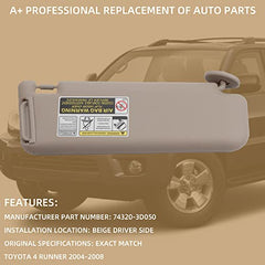 Beige Left Driver Side Sun Visor Compatible with Toyota 4Runner 2004-2008 Replaces# 74320-3D050 74320-3D050-B0