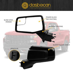 Left Driver Side Mirror Compatible with 2019-2024 Chevy Silverado 1500 Blind Spot Mirror/Power Glass/Manual Folding Glossy Black Rear View Mirror Replace#GM1320582 84823125