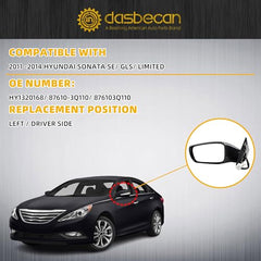7pins Left Side Door Mirror Compatible With 2011-2014 Hyundai Sonata Driver Rearview Mirror With Manual Folding, Heated, Power Glass, Turn Signal Replaces# HY1320168 87610-3Q110 Black