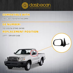 Driver Side Mirror Compatible With 2005-2011 Toyota tacoma Left Mirror With Manual Folding/Power Glass Replaces# TO1320256 Matte Black (3pins)