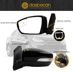 5Pins Driver Side Mirror Compatible with 2012-2014 Ford Focus Left Rearview Mirror w/Blind Spot, Manual Folding, Power Glass and Turn Signal Glossy Black Paint