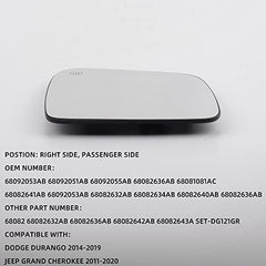 68082636AB Right Passenger Side Rear View Mirror Glass with Backing Plate Power Heated Compatible with Dodge Durango 2014-2019 Jeep Grand Cherokee 2011-2020 Replaces # 68082634AB