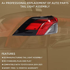 Left Driver Side Outer Tail Light with Wire Harness Compatible with Toyota RAV4 2019 2020 2021 Replace 81550-0R090 TO2805148 Rear Brake Lamp (No bulb inside)