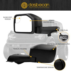 Driver Side Mirror Compatible With 2021-2024 Ford Bronco Left Mirror w/Temp sensor/Power Heated/Manual Folding/Blind Spot Glass Black Texture Cover (7pins)