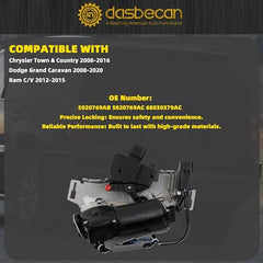 Power Door Lock Latch Actuator with Motor Compatible with Chrysler Town & Country 2008-2016, Dodge Grand Caravan 2008-2020, Ram C/V 2012-2015, Replcase# 5020769AB (Rear Left)