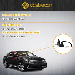 Right Side Mirror Compatible With 2016-2018 Kia Optima Right Door Mirror with Signal Light Manual Folding Power Glass Black Paint Replaces# KI1321200 87620-D5000 (5pin)
