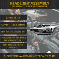 Halogen Headlight Compatible With BMW 320i 328i 335i 328i xDrive & 328d 328d xDrive 2012-2015 Left Driver Side Lens and Housing Trim Headlamp Assembly Replaces# 63117338709 BM2502169