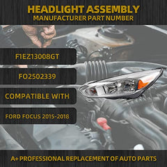Halogen Headlight Assembly Compatible With Ford Focus 3rd Gen 2015-2018 w/o LED DRL Left Driver Side Chrome Headlamp Replaces# F1EZ13008GT FO2502339 Visit the Dasbecan Store