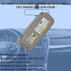 Left Driver Side Sun Visor with Light Compatible with Nissan Murano 2009 2010 2011 2012 2013 2014 Gray 96401-1AA1B