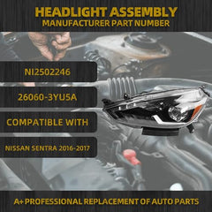 LED Headlight with day light and lens Compatible With Nissan Sentra 2016-2019 Left Driver Side Headlights Assembly Black Housing Replaces# NI2502246 26060-3YU5A