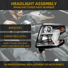 HID Headlight Compatible With Chevy Tahoe Chevy Suburban 2015-2020 Projector Xenon Headlamp Assembly w/Bulbs Left Driver Side Replaces# 84582598 84582597