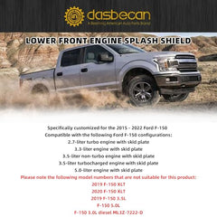Front Lower Engine Splash Shield Compatible with 2015-2022 Ford F-150 F150 2.7L 3.3L 3.5L F150 Splash Guard OEM Replacement #FL3Z-5D032-D FL3Z5D032D