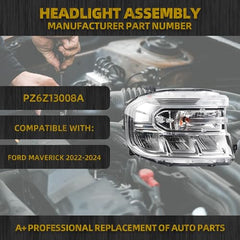LED Headlight w/o LED DRL Compatible With Ford Maverick 2022-2024 Chrome Housing Headlamp Assembly Right Passenger Side