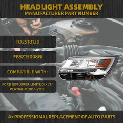 Halogen Headlight W/LED DRL Compatible With Ford Explorer Limited/XLT/Platinum 2016 2017 2018 Headlamp Left Driver Side Black Housing Clear Lens Replaces# FB5Z13008N FO2518130