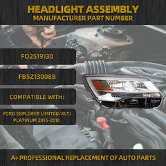 Halogen with LED DRL Headlight Compatible With Ford Explorer Limited/XLT/Platinum 2016 2017 2018 Headlight Right Passenger Side Black Housing Clear Lens Replaces# FB5Z13008B FO2519130