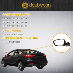 Left Driver Side Mirror Compatible With 2014 2015 2016 Kia Forte Rear view Mirror Black With Manual Folding,Heated,Power Glass Replace# 87610A7200(5 Pins)
