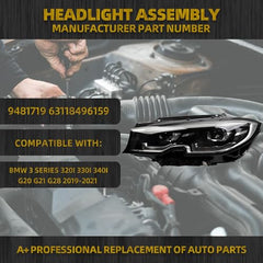 LED Headlamp Compatible With BMW3 Series 320i 330i 340i G20 G21 G28 2019-2021 Headlight Left Driver Side Black Housing Clear Lens Replaces# 9481719 9481721