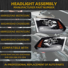 OE Projector Halogen Headlights w/LED Signal DRL Compatible With Dodge Ram 1500 2500 3500 2013-2018 Black Housing Amber Reflector Headlamp assembly w/Bulbs 1 Pairs
