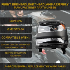 FULL LED Headlight Assembly Compatible with 2016-2018 Chevy Silverado 1500 2019 Silverado 1500 LD OEM Replace 84893098 GM2503456 Bumper Head Front Lamp