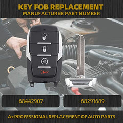 Key Fob Replacement Compatible with 2019-2024 Dodge Ram 1500 Pickup Smart Car Keyless Entry Remote Control Remote Start 68442907 68291689 OHT-4882056 4 Buttons 4A Chip