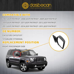 Right Passenger Side Mirror Compatible with 2007-2015 Jeep Patriot with Power Heated Glass, Manual Folding, Black Textured Cover Replace# CH1321283 CH1321337 5155462AK 5115046AL(5 Pins)