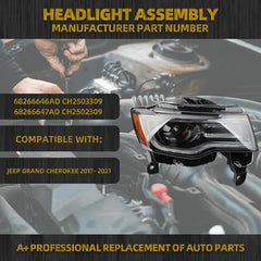 HID Headlights Compatible With Jeep Grand Cherokee 2017-2021 Black Housing Xenon Projector Headlamp Assembly w/LED DRL Right Passenger Side
