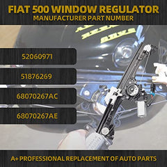 Front Left Driver Side Window Regulator Assembly w/Motor Compatible with Fiat 500 2012-2019 1.4L Replaces 751-648 68070267AD 68070267AE 68070267AC
