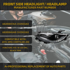 Led Headlight w/Chrome Trim DRL Compatible With 2015 2016 2017 Chrysler 200 200c HID/Xenon Model Replce OE 68285847AA CH2503263 LH Headlamp Left Driver Side Pump Lights