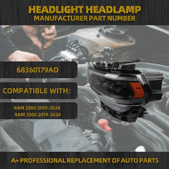 68360178AD Headlamp Compatible with 2019-2024 Dodge Ram 2500 3500 OE#68360179AD LH Driver Side Head Lights