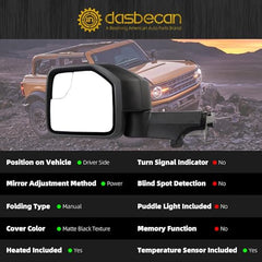 Driver Side Mirror Compatible With 2021-2024 Ford Bronco Left Mirror w/Temp sensor/Power Heated/Manual Folding/Blind Spot Glass Black Texture Cover (7pins)