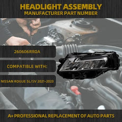 LED Headlight Compatible With Nissan Rogue SL/SV 2021 2022 2023 Chrome Housing Projector Headlamp Assembly Left Driver Side Replace# 260606RR0A