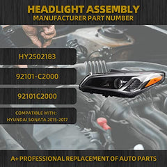 Halogen Headlight Compatible With Hyundai Sonata 2015 2016 2017 Left Driver Side Headlamp Assembly Replaces# HY2502183 92101-C2000 92101C2000 (Without Bulbs)