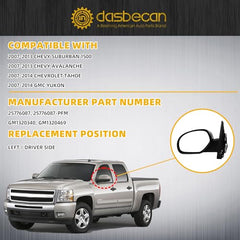 Driver Side Mirror Compatible with 2007-2013 Chevy Silverado,GMC Sierra Yukon Left Mirror w/Power Glass, Heated, Manual Folding, Chrome Cover Replace# GM1320340 (7pins)