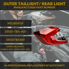 Outer Taillight Left Side Tail Lamp Compatible with Honda Civic Sedan 2016-2020 Replace HO2805110 33500-TBA-A01