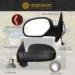 Driver Side Mirror Compatible with 2007-2013 Chevy Silverado,GMC Sierra,Yukon with Power Glass, Heated, Manual folding, Arrow Turn Signal, Puddle Light, Matte Black Rear View Mirror (9pins)
