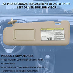 Front Left Driver Side Sun Visor with Light Compatible with Toyota Highlander 2008-2013 74320-48180-E0 (Beige)