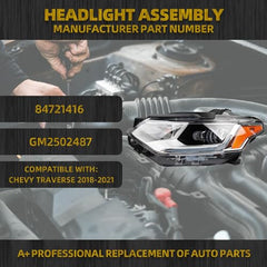 LED Headlight W/LED DRL Compatible With Chevy Traverse 2018-2021 Left Driver Side Headlights Assembly Black Chrome Housing Replace# 84887859 GM2502487