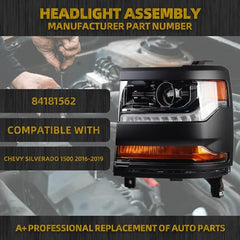 HID/Xenon Headlamp Compatible with Chevy Silverado 1500 2016-2018 /Chevy Silverado 1500 LD 2019 Left Driver Side Headlight Assembly Black Housing Replaces# 84181562 84181563 (w/o bulbs)