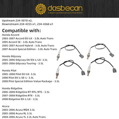 4PCS Oxygen Sensor Compatible with Honda Accord Odyssey Pilot Ridgeline, Acura MDX RL TL, 2003-2008 O2 Sensor Upstream 234-5010 & Downstream 234-4355 234-4368