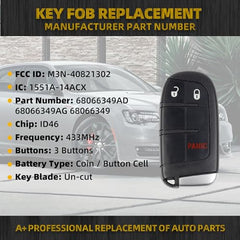 Key Fob Replacement Compatible with Chrysler 300 2011-2018 Dodge Charger Challenger Dart Journey 2011-2020 Keyless Entry Remote Control Replaces M3N-40821302 ID46 Chip 433MHz 3 Buttons
