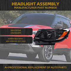 Halogen Headlight Compatible With Jeep Compass 2017-2022 Left Driver Side Halogen Headlamp Assembly Replaces# 55112707AE CH2502295