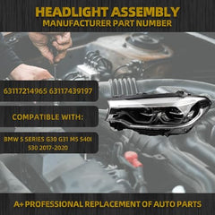 LED Headlamp w/LED DRL Compatible With BMW 5 Series G30 G31 M5 540i 530i 2017-2020 Headlight Assembly Left Driver Side Black Housing Clear Lens Replaces# 63117214965 63117439197