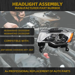 Halogen Headlights Compatible With Jeep Grand Cherokee 2017-2021 Chrome Housing Left Driver Side Headlamp assembly w/Bulbs Replaces#68266646AD
