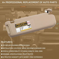 Beige Left Driver Side Sun Visor Compatible with Hyundai Sonata 2005 2006 2007 2008 2009 2010 Replaces# 852013K010QD 85202-0A750-QSQQH