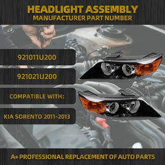 Halogen Headlights Compatible With Kia Sorento 2011-2013 Left Driver Side Black Housing Clear Lens Headlight Assembly Replaces# 921021U200 921011U200 KI2502143 KI2503143