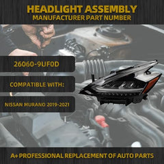 LED Headlight Compatible With Nissan Murano 2019-2021 Left Driver Side Headlamp Assembly