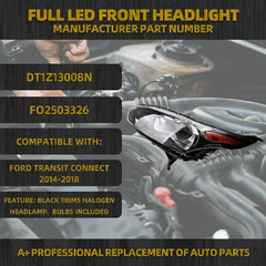 Left Driver Side Headlights w/Bulbs Compatible with Ford Transit Connect 2014-2018 Black Trims Halogen Headlamp Replaces OEM DT1Z13008P FO2502327
