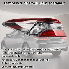 Driver Side Tail Light Compatible with 2021-2023 Toyota Camry Outer Left Rear Lamp With Wiring Harness Replaces# 81560-06A20 TO2804159 (Halogen Type)